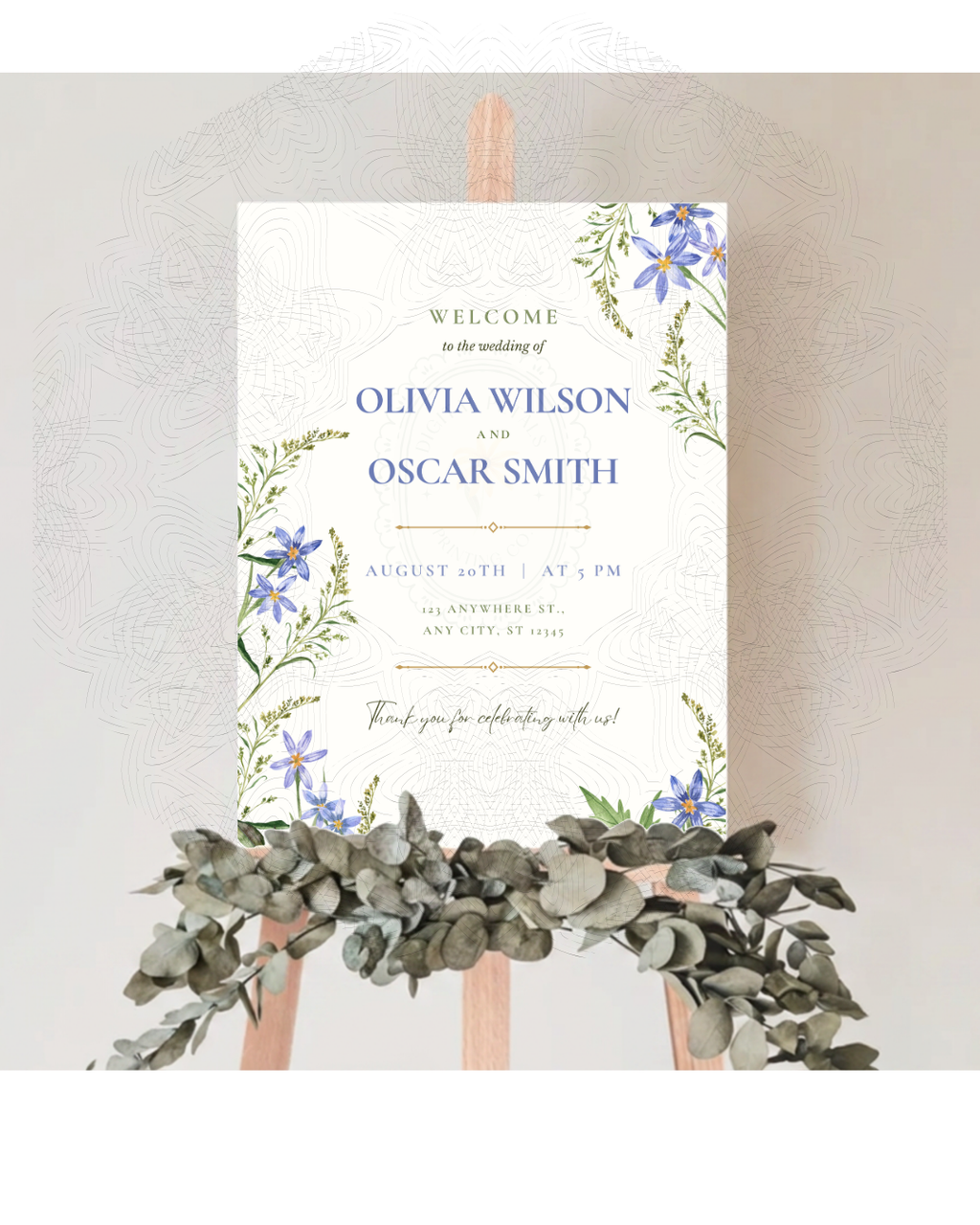 Blue Wildflower Wedding Welcome Sign | Editable Canva Template | Digital Download
