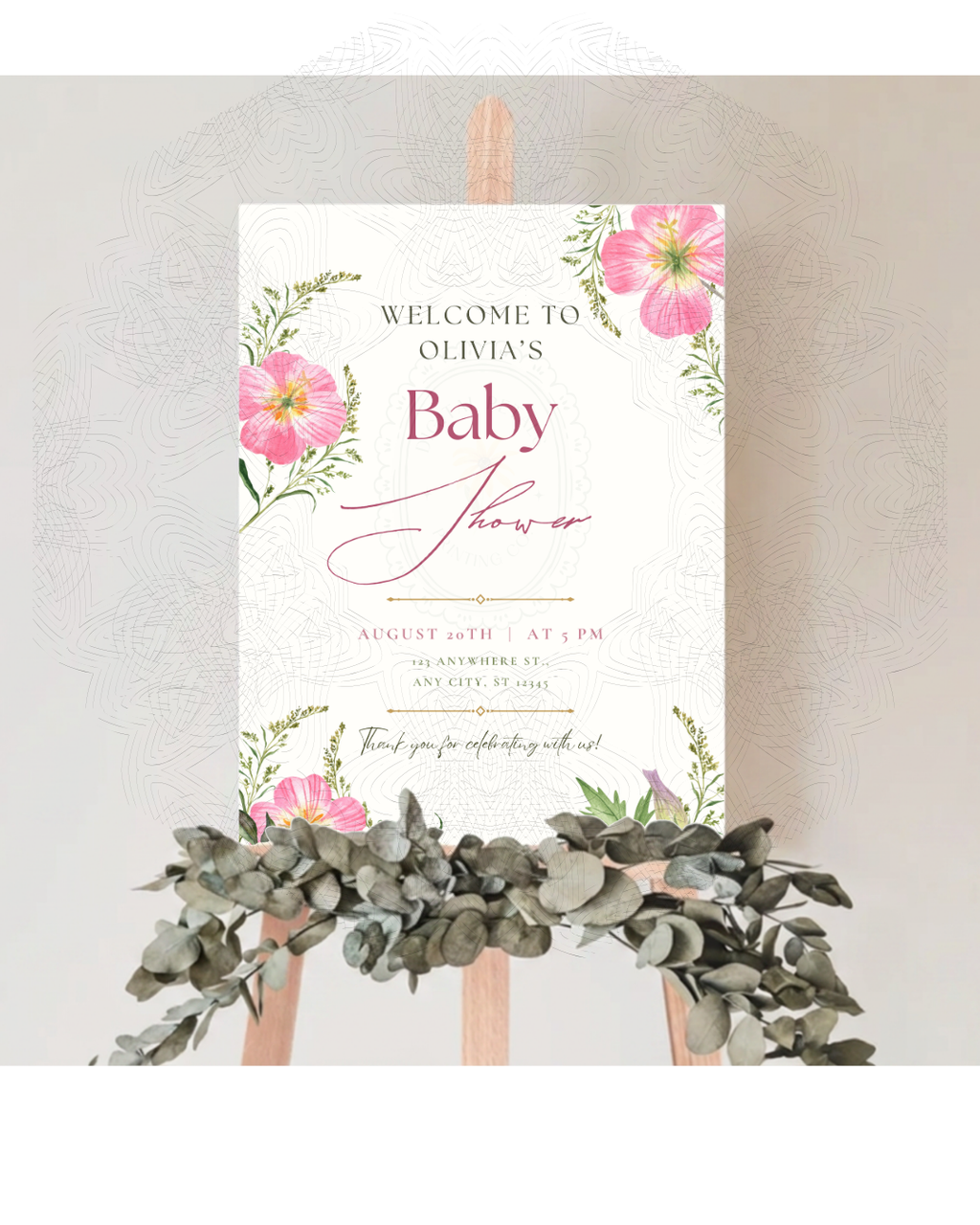 Pink Wildflower Baby Shower Welcome Sign | Editable Canva Template | Digital Download