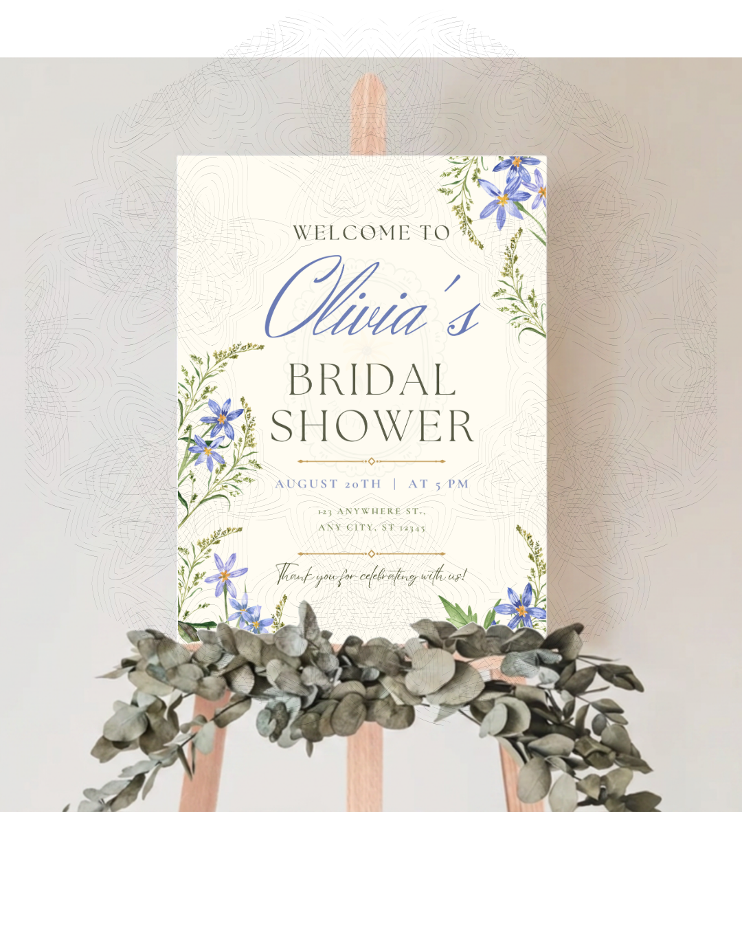 Blue Wildflower Bridal Shower Welcome Sign | Editable Canva Template | Digital Download