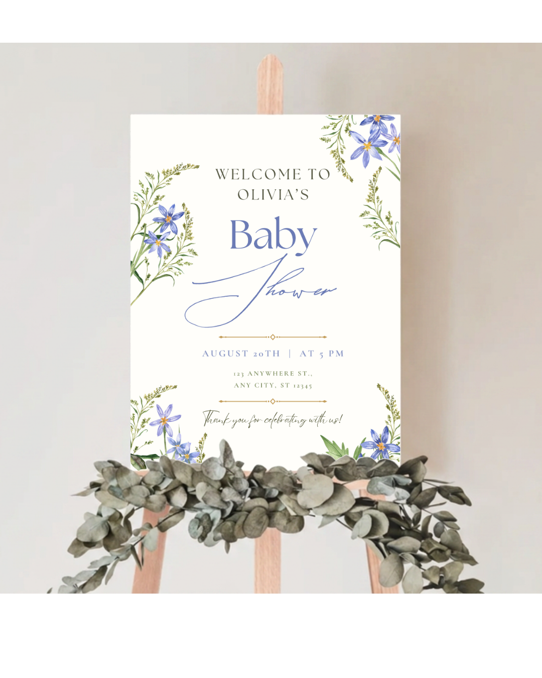 Blue Wildflower Baby Shower Welcome Sign | Editable Canva Template | Digital Download