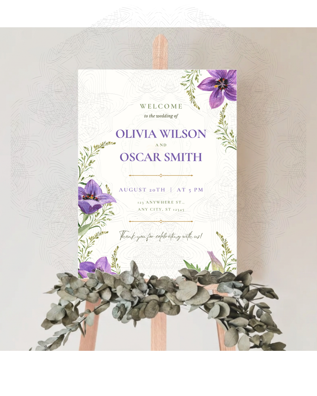 Violet Wildflower Wedding Welcome Sign | Editable Canva Template | Digital Download