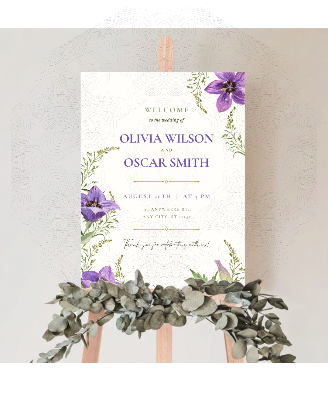 Violet Wildflower Wedding Welcome Sign | Editable Canva Template | Digital Download