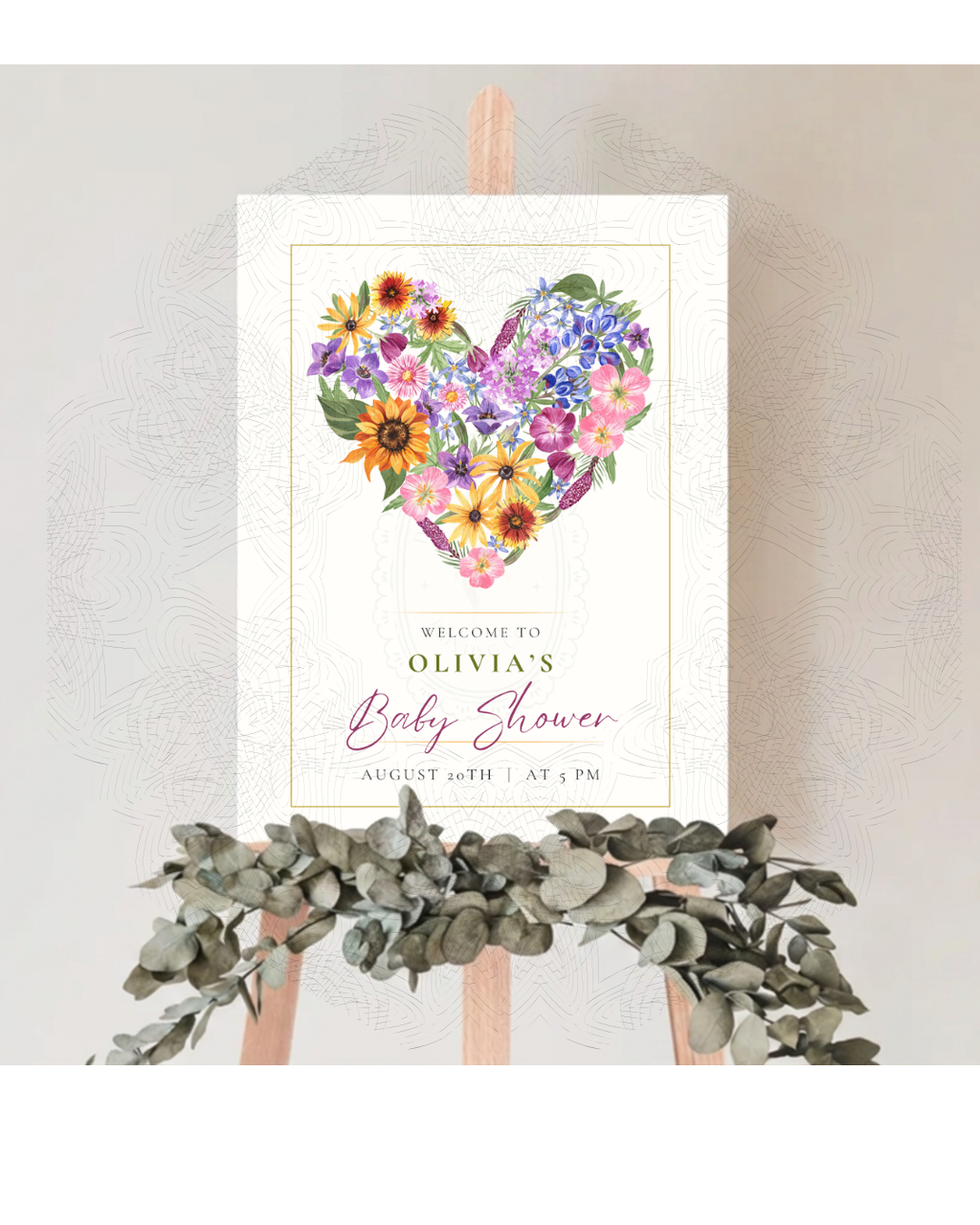 Wildflower Heart Baby Shower Welcome Sign | Editable Canva Template | Instant Digital Download