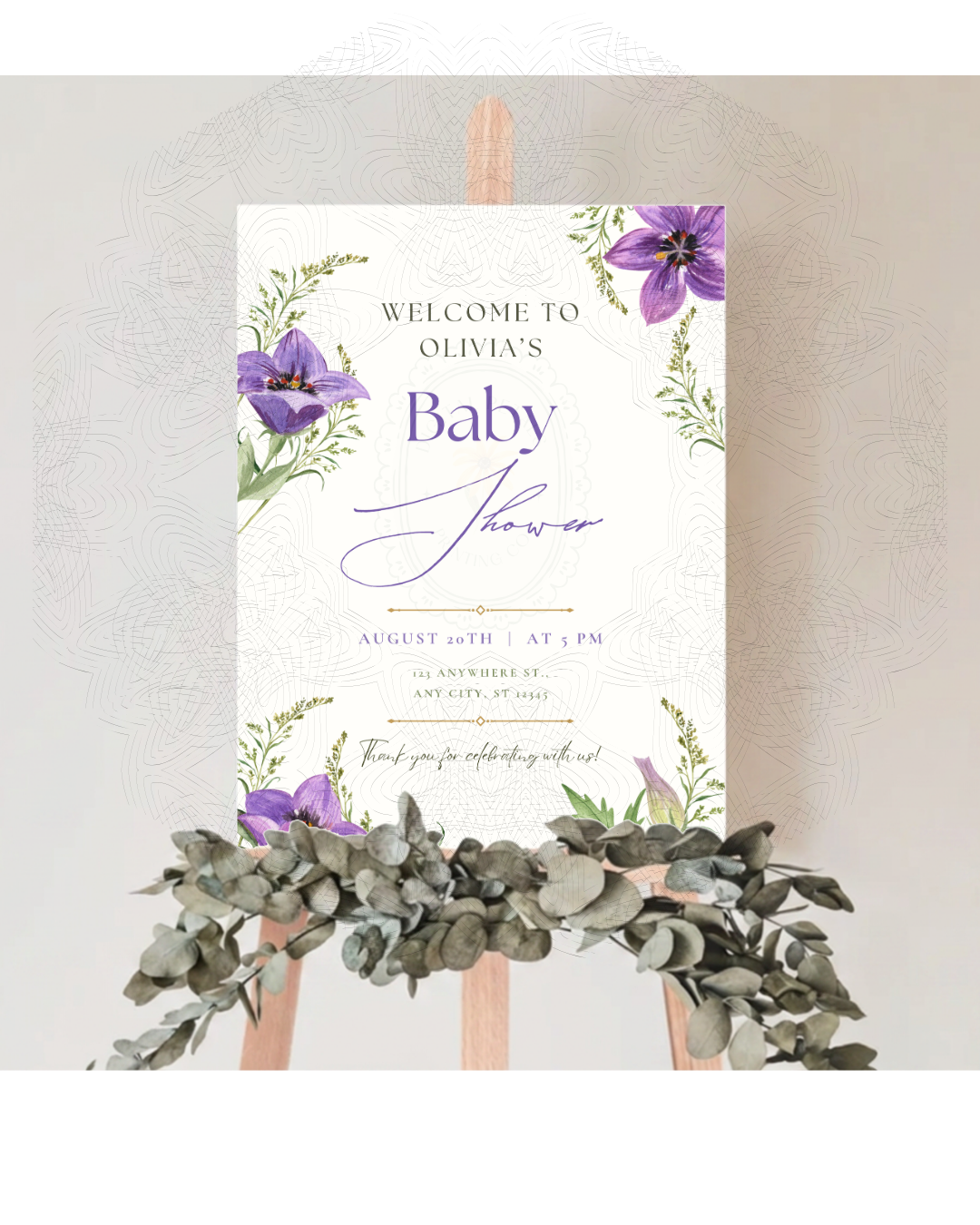 Violet Wildflower Baby Shower Welcome Sign | Editable Canva Template | Digital Download