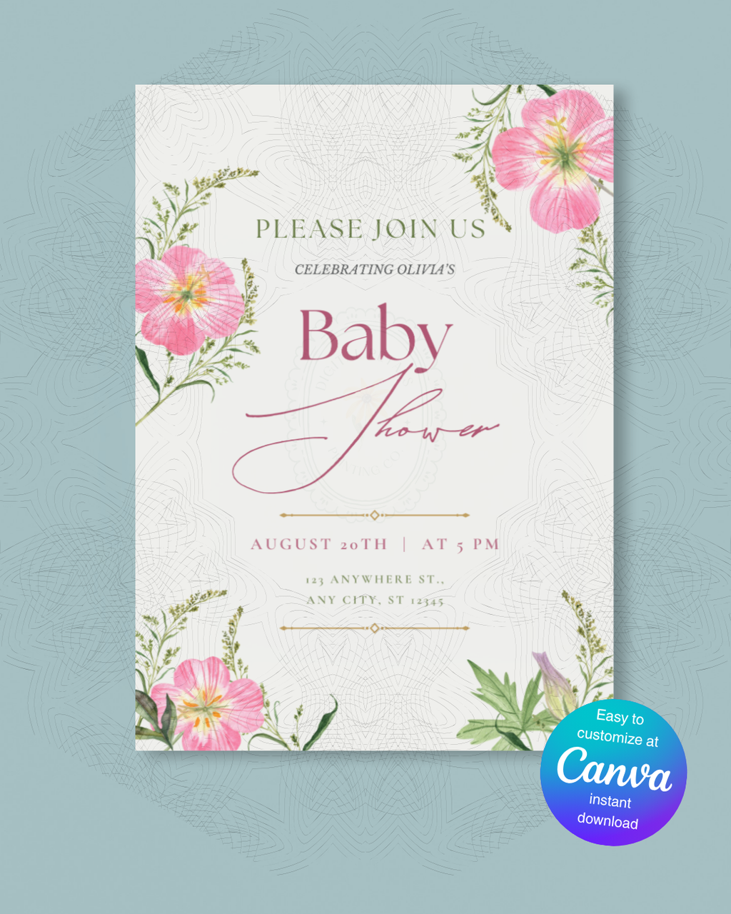 Pink Wildflower Baby Shower Invitation | Minimalist Printable Invite | Digital Download