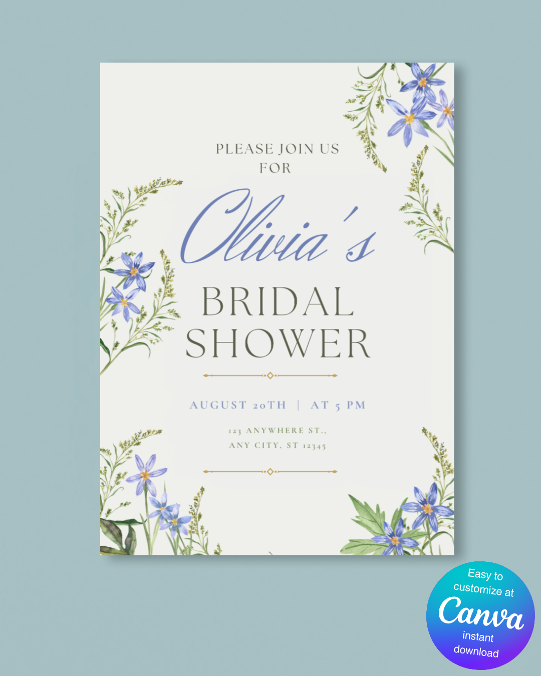 Blue Wildflower Bridal Shower Invitation | Minimalist Printable Invite | Digital Download