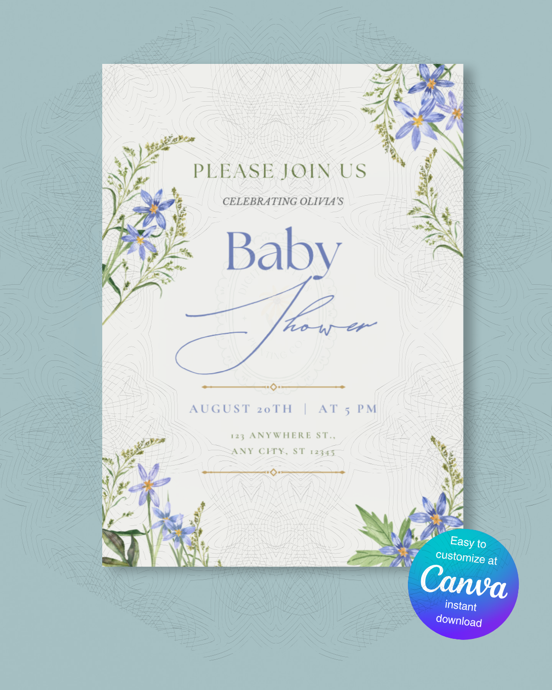 Blue Wildflower Baby Shower Invitation | Minimalist Printable Invite | Digital Download