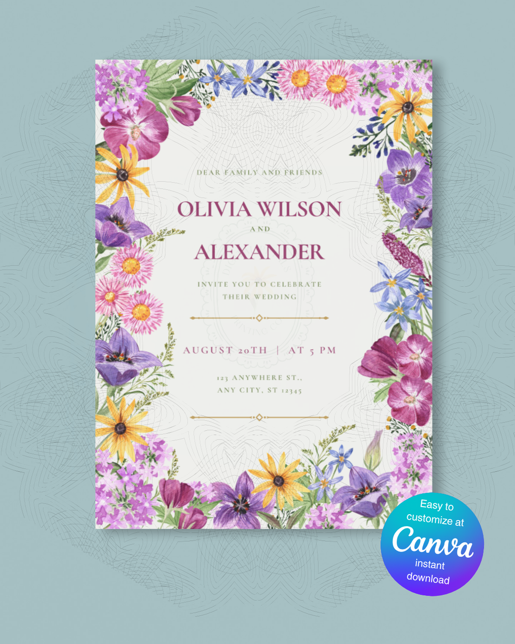 Wildflower Border Wedding Invitation | Printable Botanical Invite | Digital Download