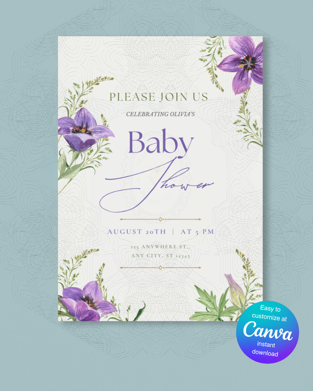 Violet Wildflower Baby Shower Invitation | Minimalist Printable Invite | Digital Download