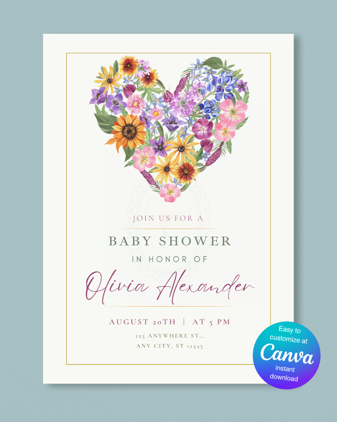 Wildflower Heart Baby Shower Invitation — Editable Digital Download Template