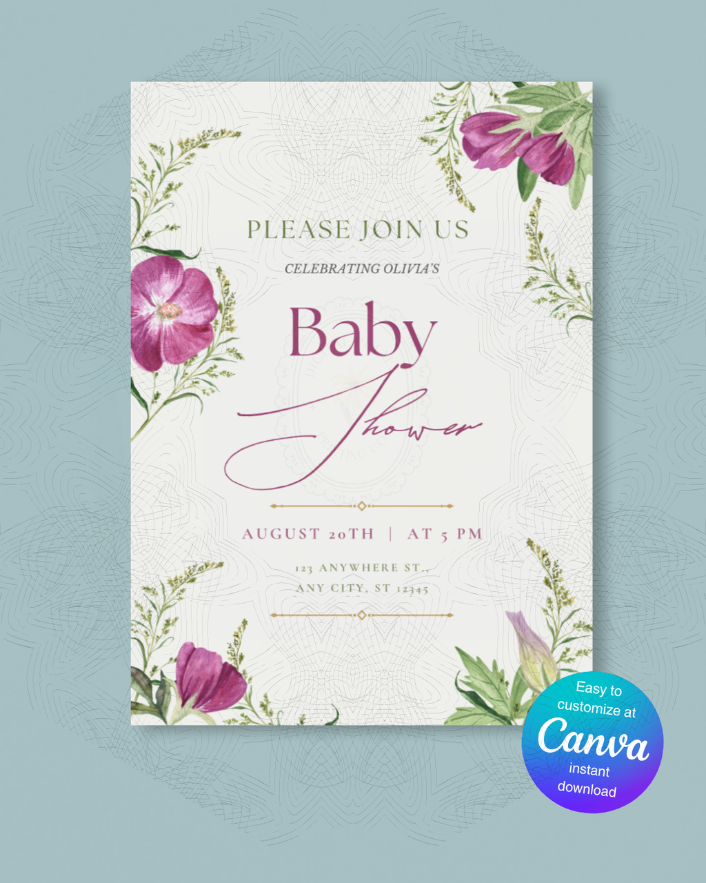 Purple Wildflower Baby Shower Invitation | Minimalist Printable Invite | Digital Download