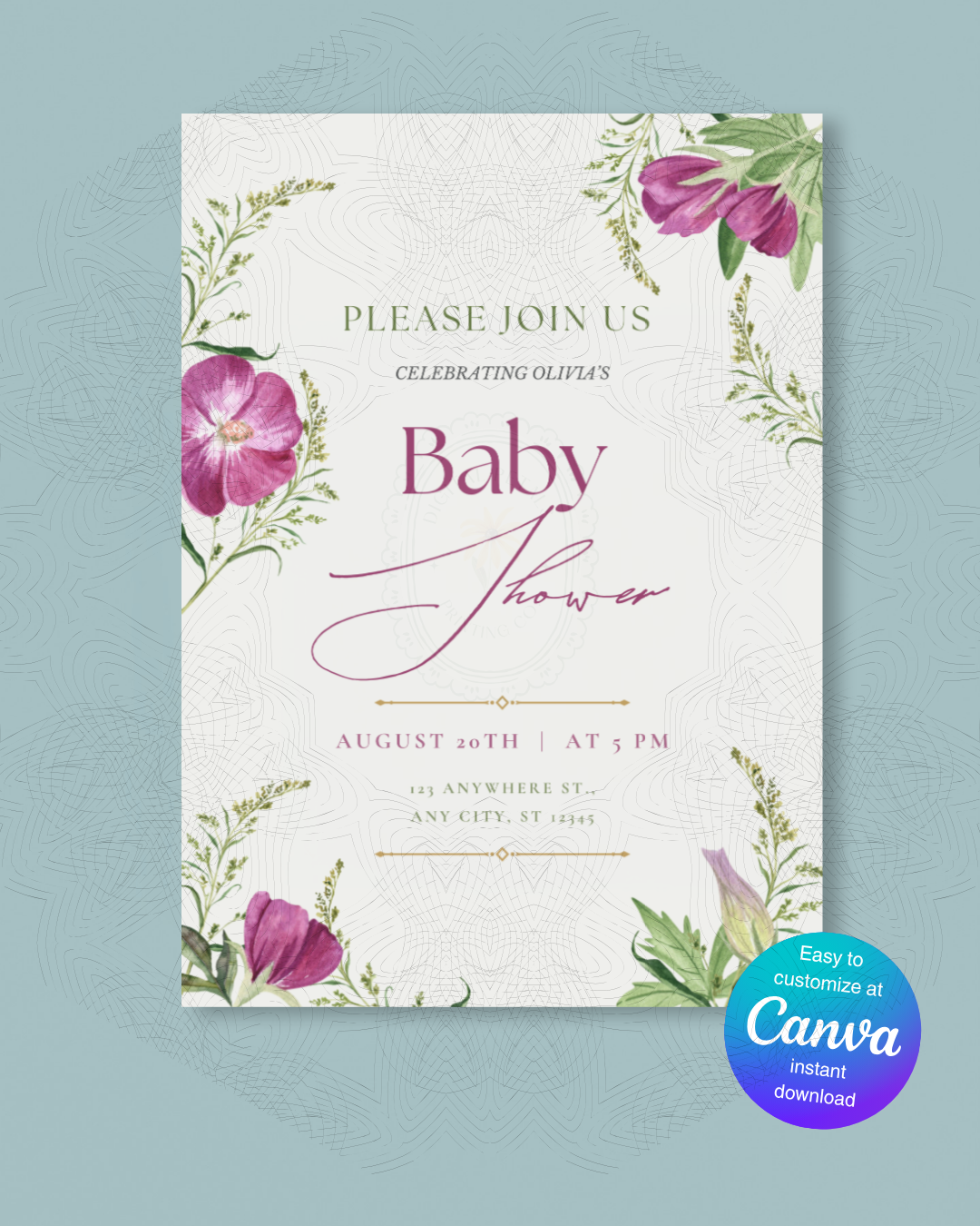 Purple Wildflower Baby Shower Invitation | Minimalist Printable Invite | Digital Download