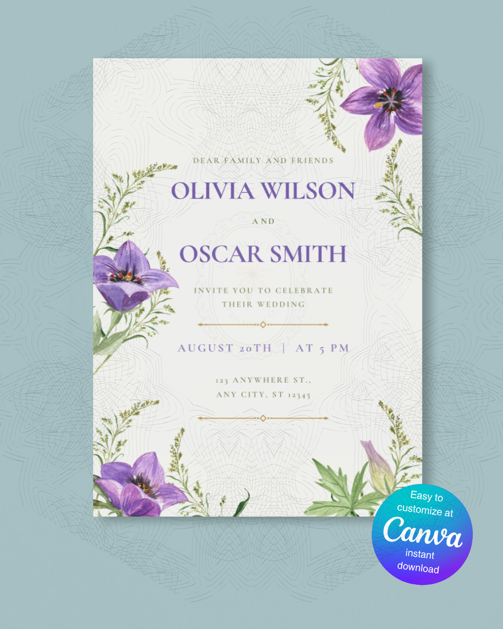 Violet Wildflower Wedding Invitation | Minimalist Printable Invite | Digital Download