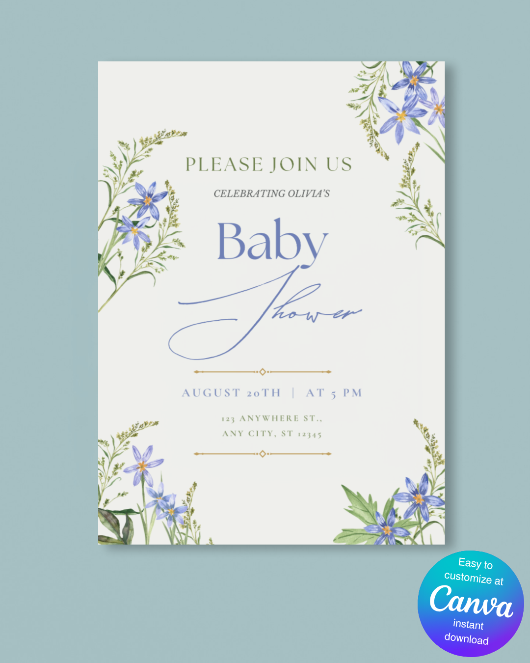 Blue Wildflower Baby Shower Invitation | Minimalist Printable Invite | Digital Download