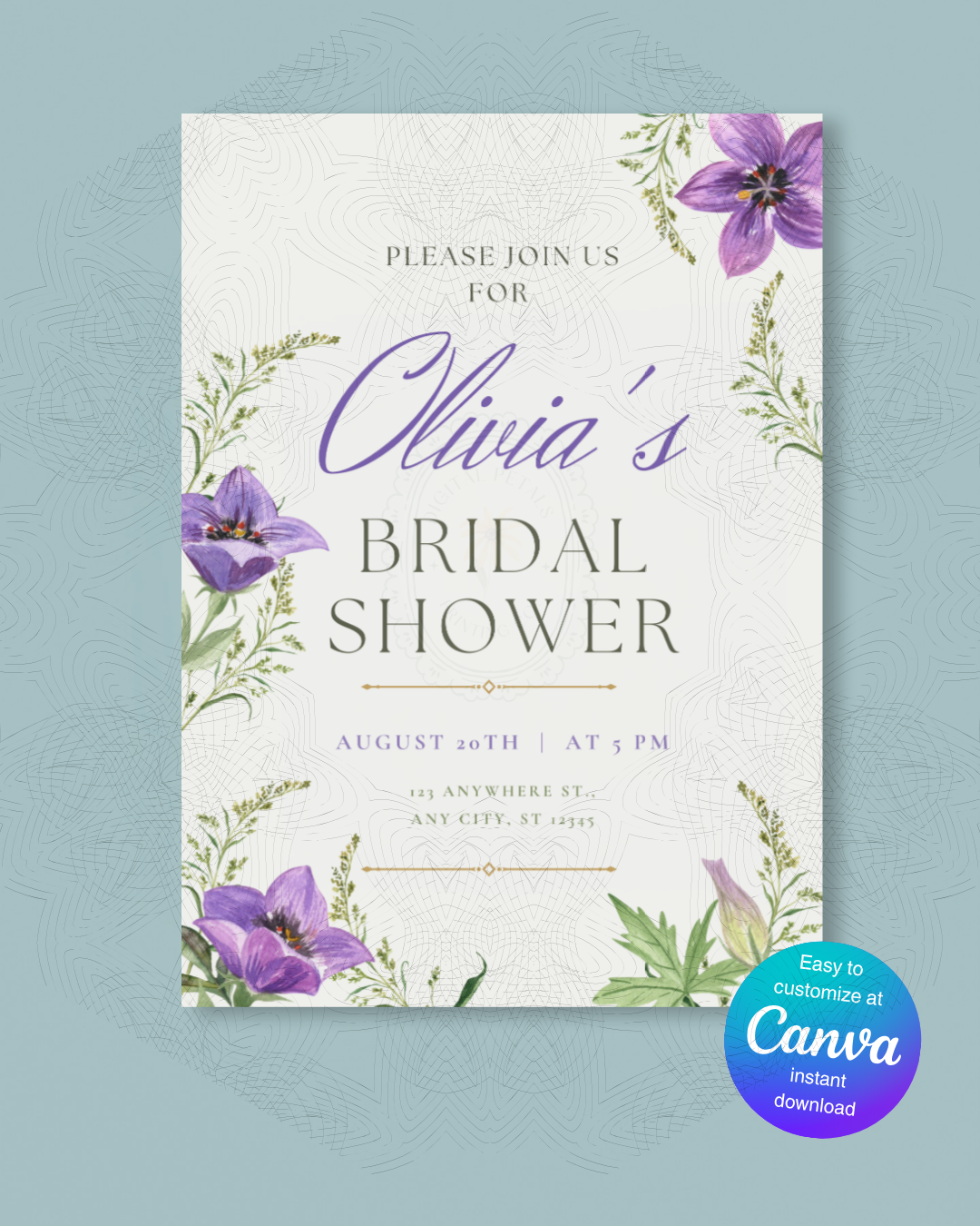 Violet Wildflower Bridal Shower Invitation | Minimalist Printable Invite | Digital Download