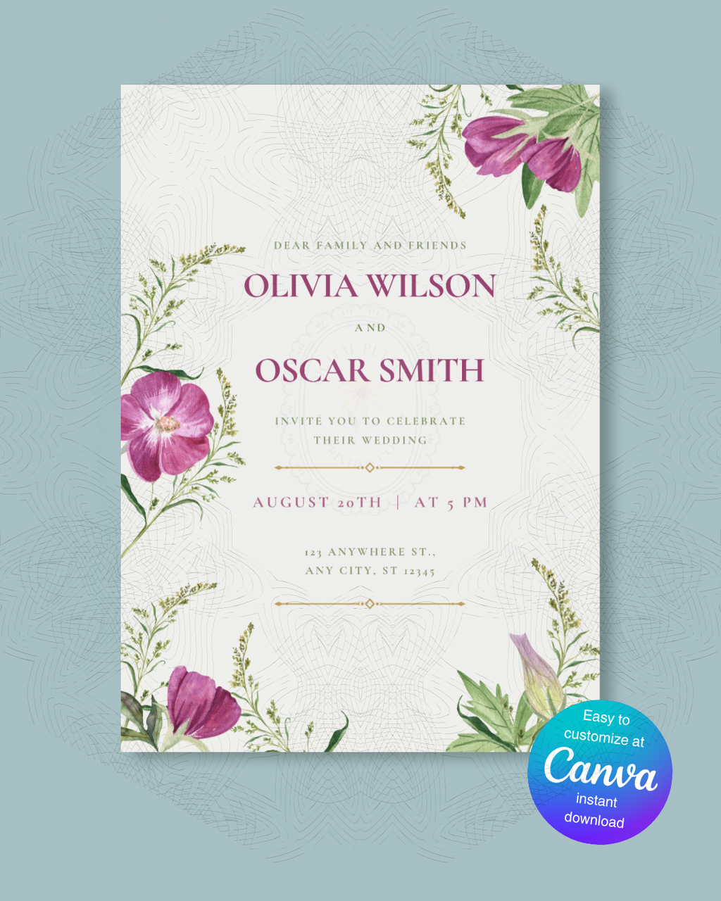 Purple Wildflower Wedding Invitation | Minimalist Printable Invite | Digital Download