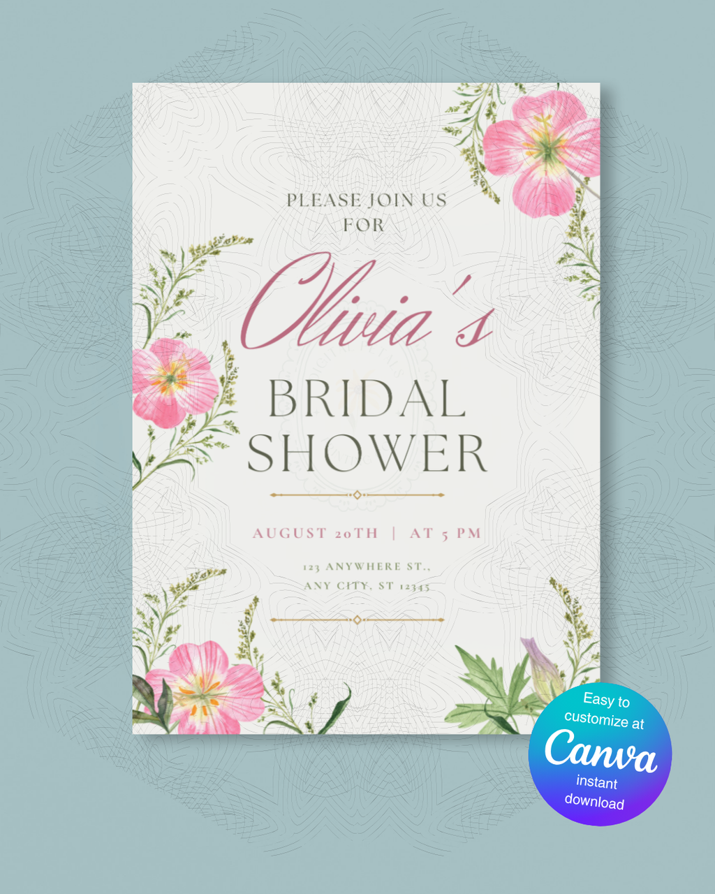 Pink Wildflower Bridal Shower Invitation | Minimalist Printable Invite | Digital Download