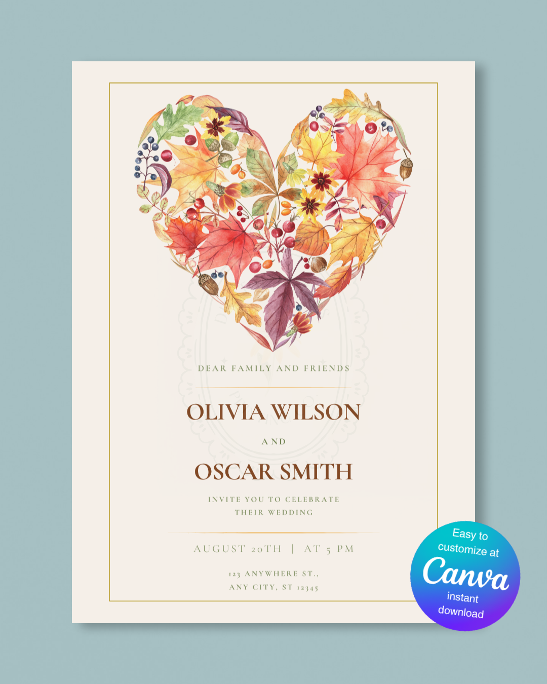 Fall Heart Wedding Invitation — Editable Digital Download Template