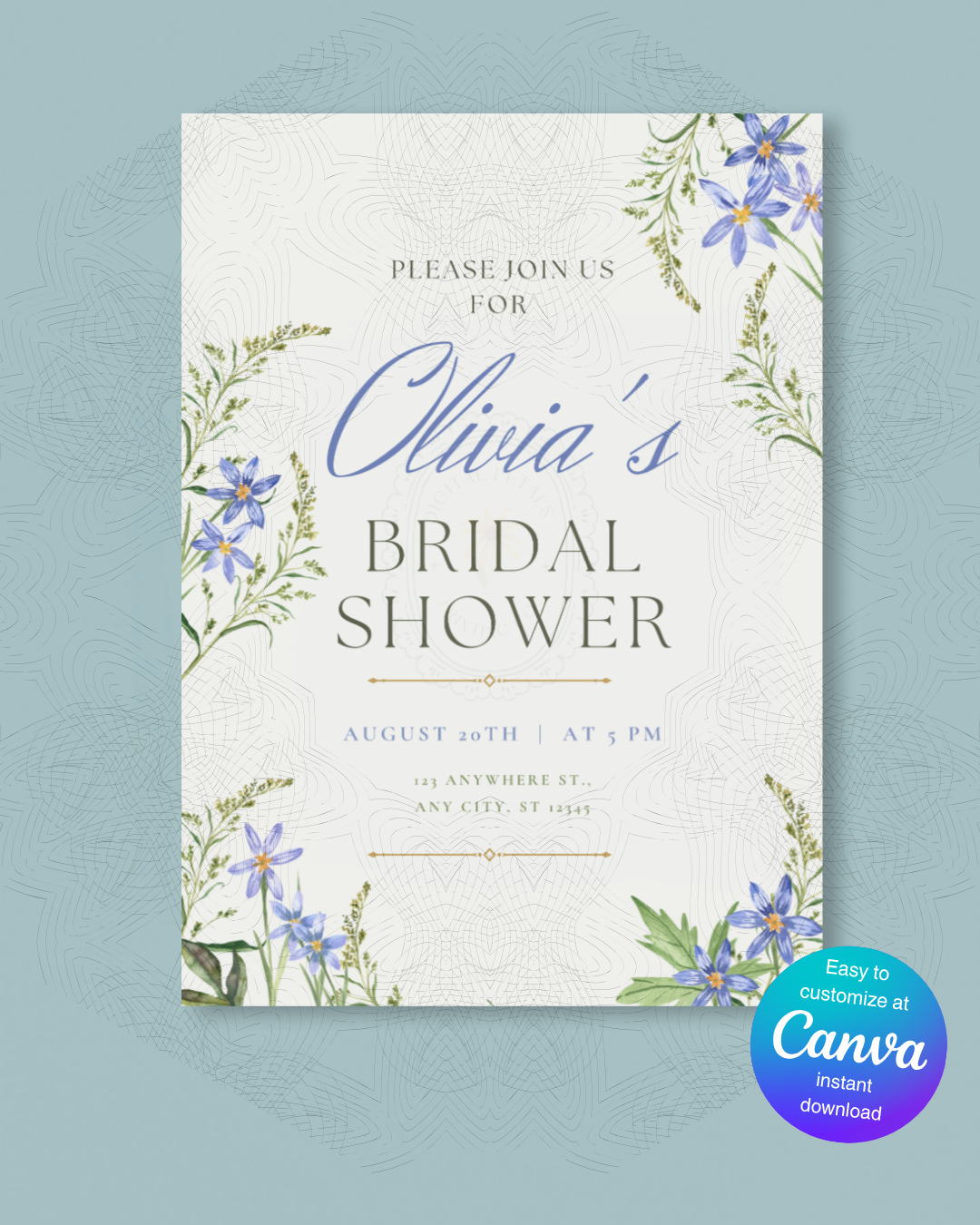 Blue Wildflower Bridal Shower Invitation | Minimalist Printable Invite | Digital Download