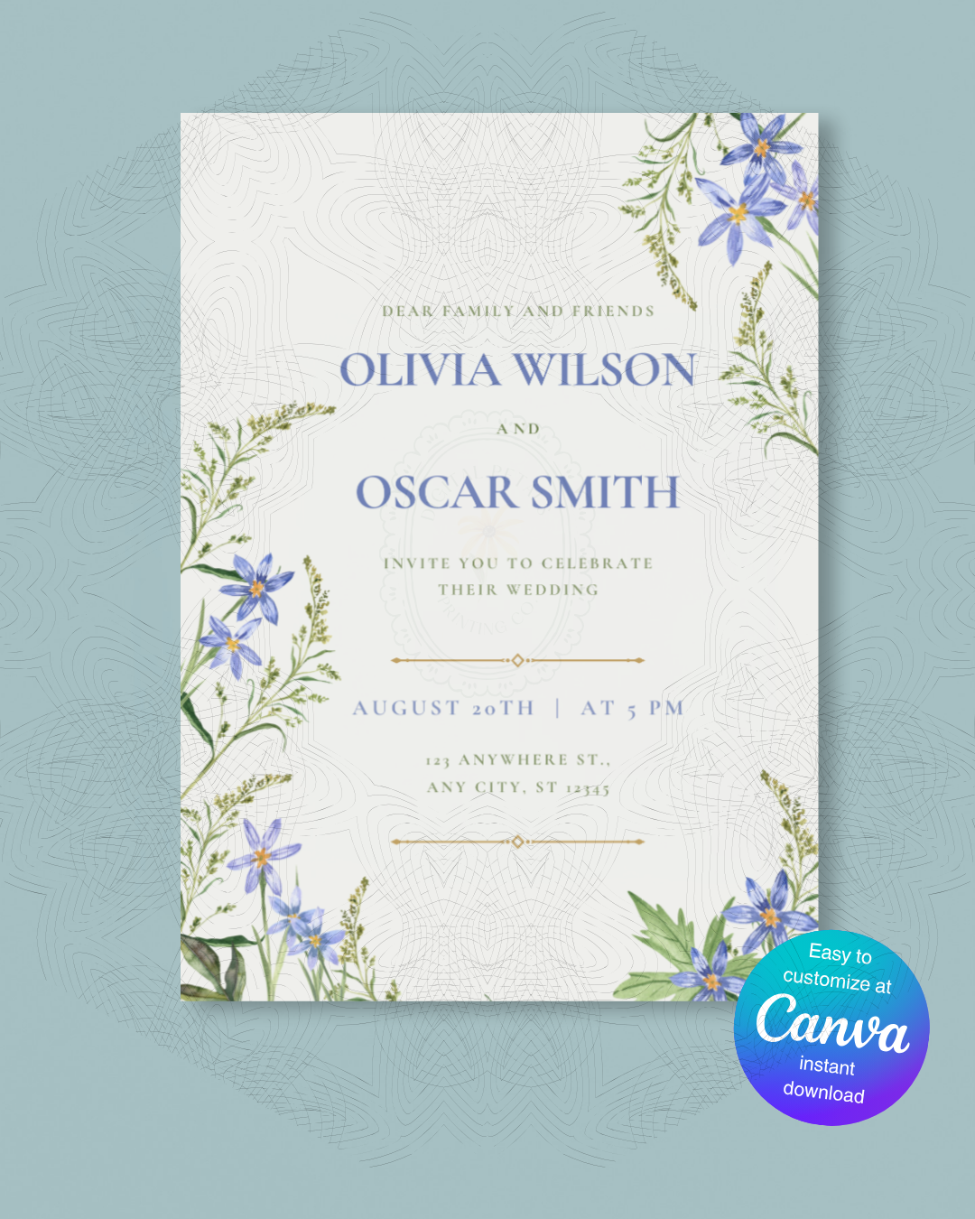 Blue Wildflower Wedding Invitation | Minimalist Printable Invite | Digital Download