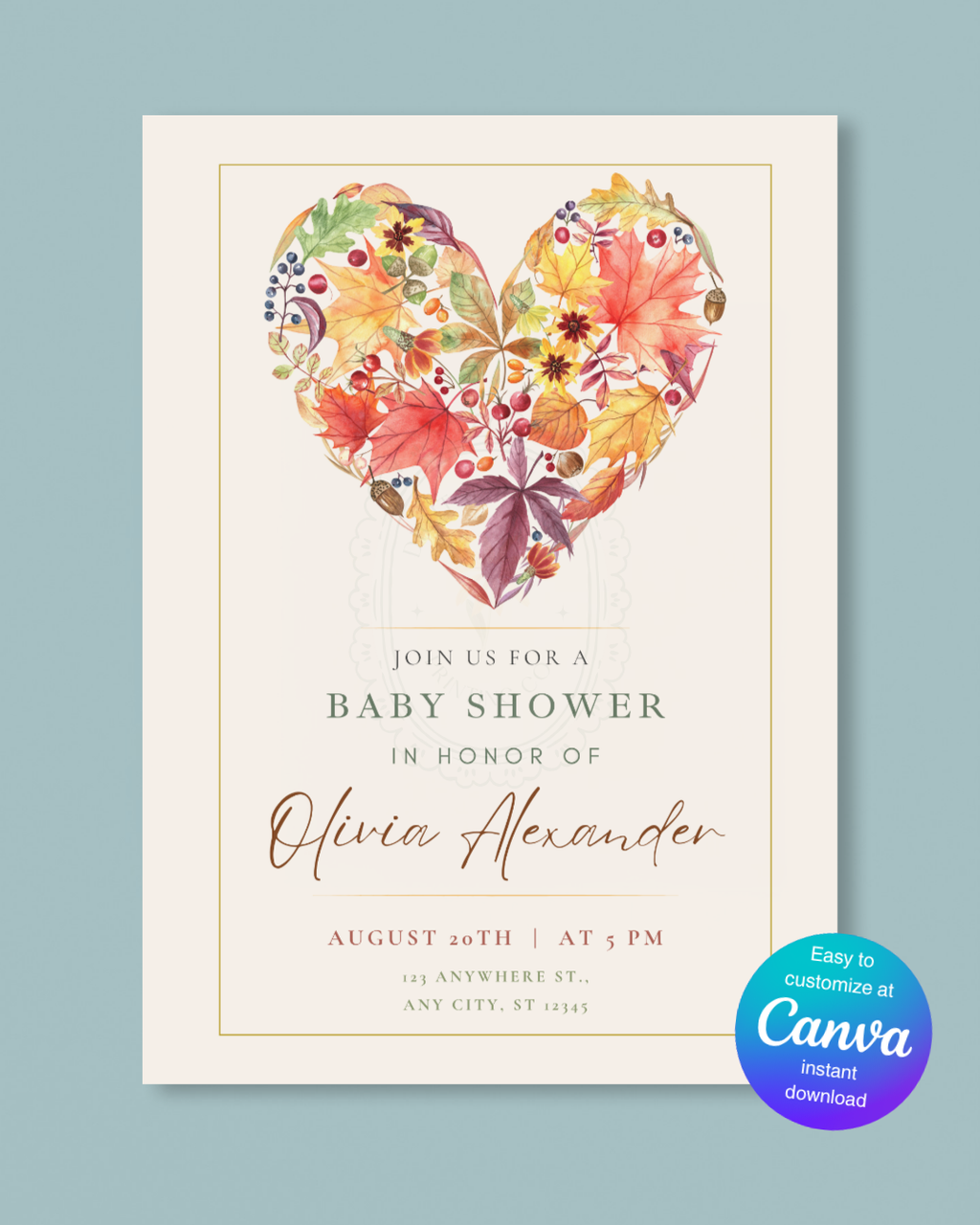 Fall Heart Baby Shower Invitation — Editable Digital Download Template