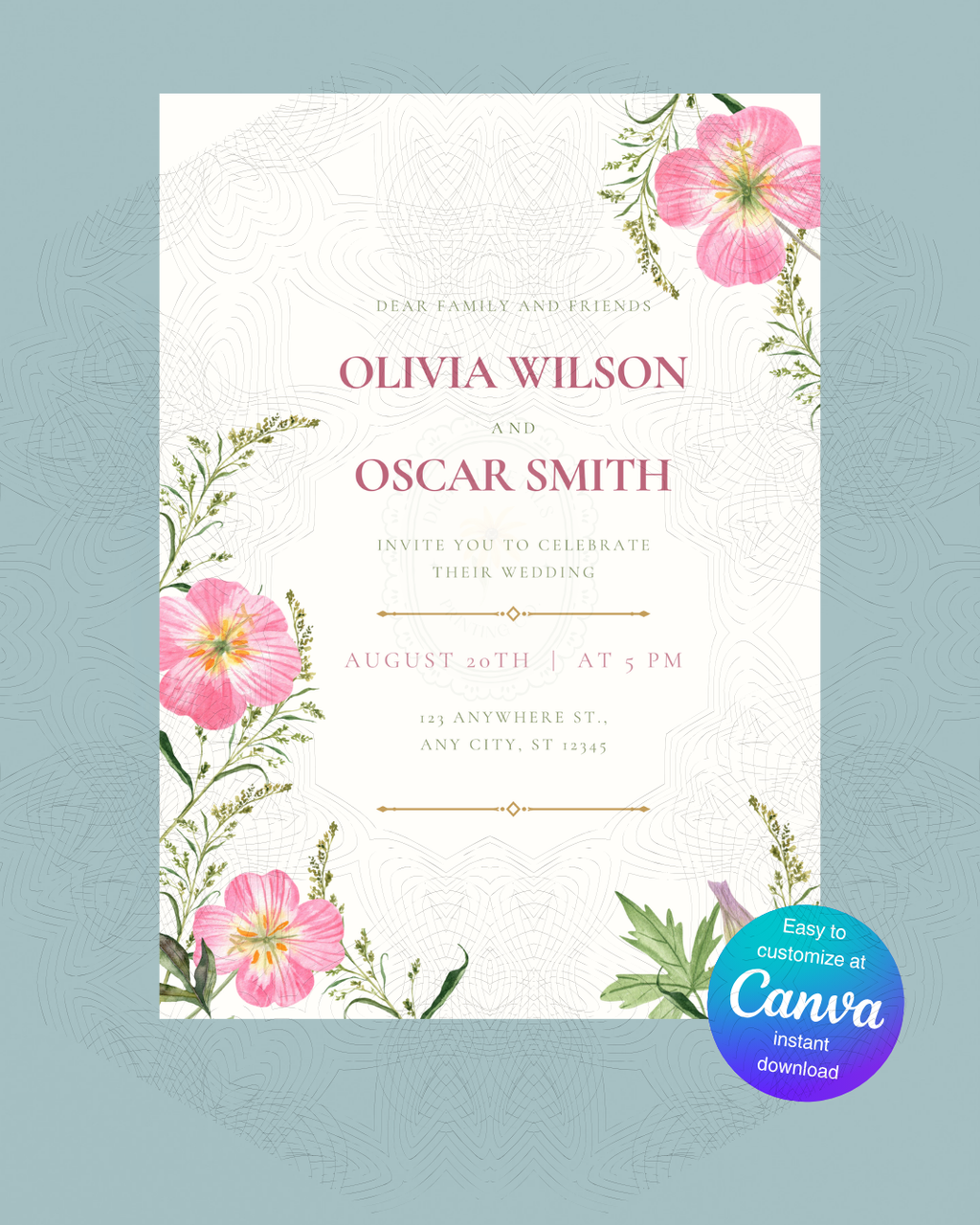 Pink Primrose Wildflower Wedding Invitation | Minimalist Printable Invite | Digital Download