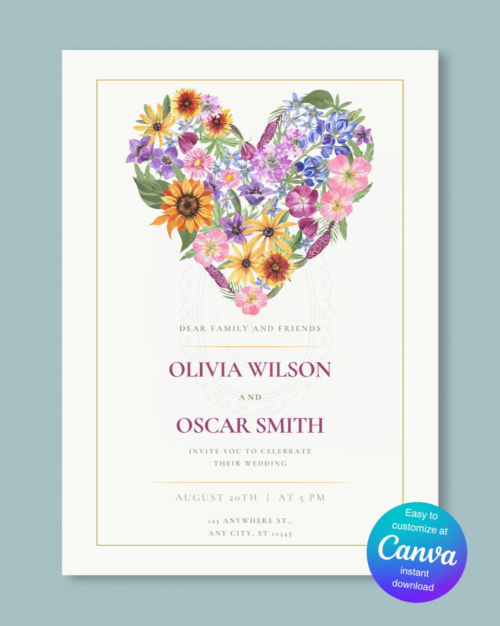 Wildflower Heart Wedding Invitation — Editable Digital Download Template