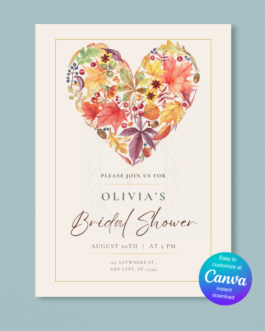 Fall Heart Bridal Shower Invitation — Editable Digital Download Template