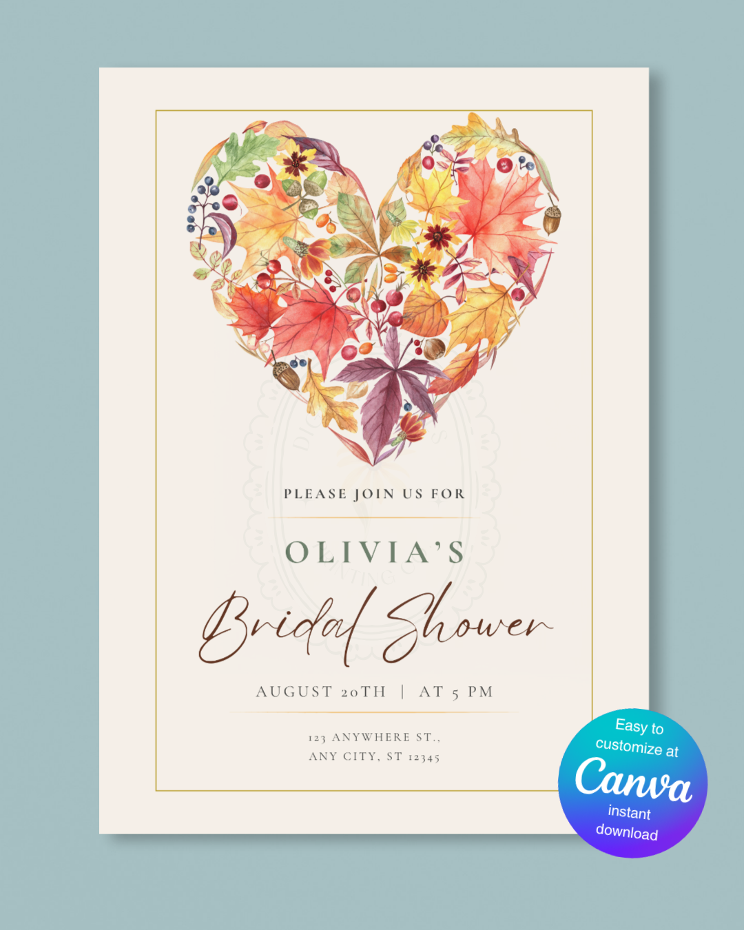 Fall Heart Bridal Shower Invitation — Editable Digital Download Template