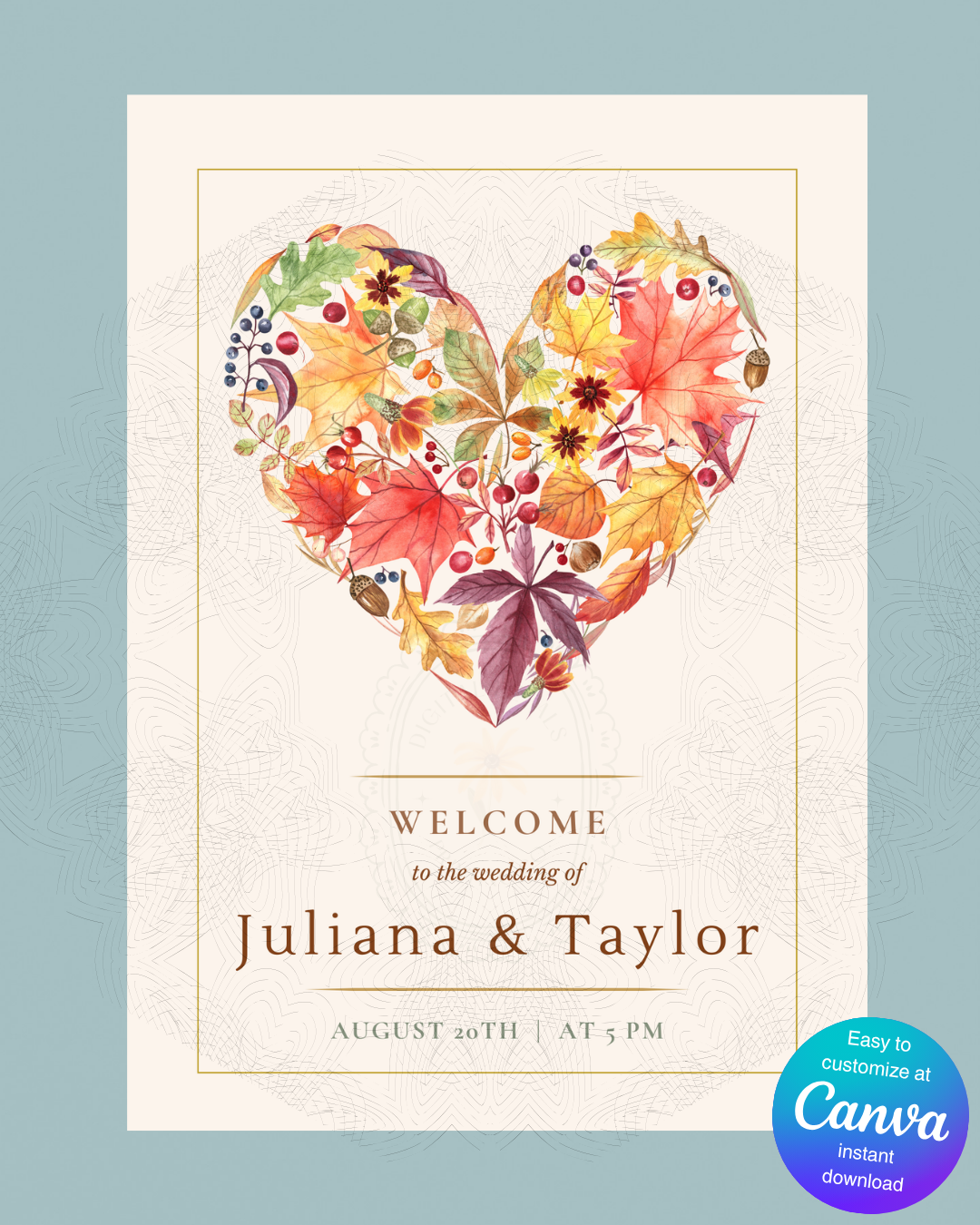 Fall Heart Wedding Welcome Sign | Editable Canva Template | Instant Digital Download