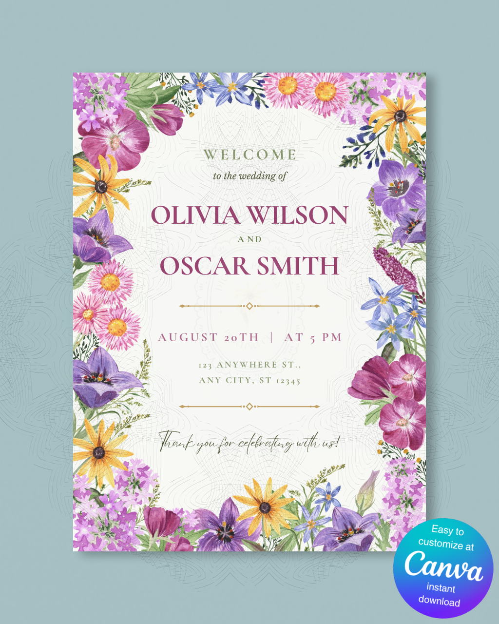 Wedding Welcome Sign Printable | Colorful Wildflower Canva Template | Digital Download