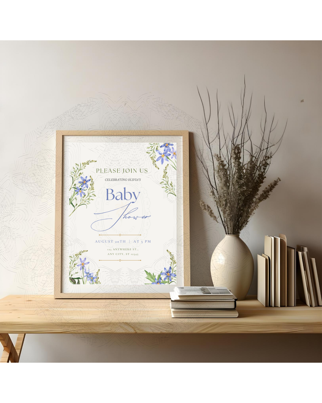 Blue Wildflower Baby Shower Invitation | Minimalist Printable Invite | Digital Download
