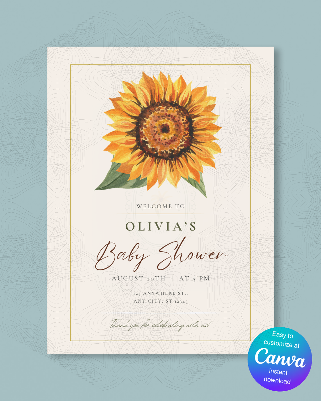 Sunflower Baby Shower Welcome Sign | Editable Canva Template | Instant Digital Download