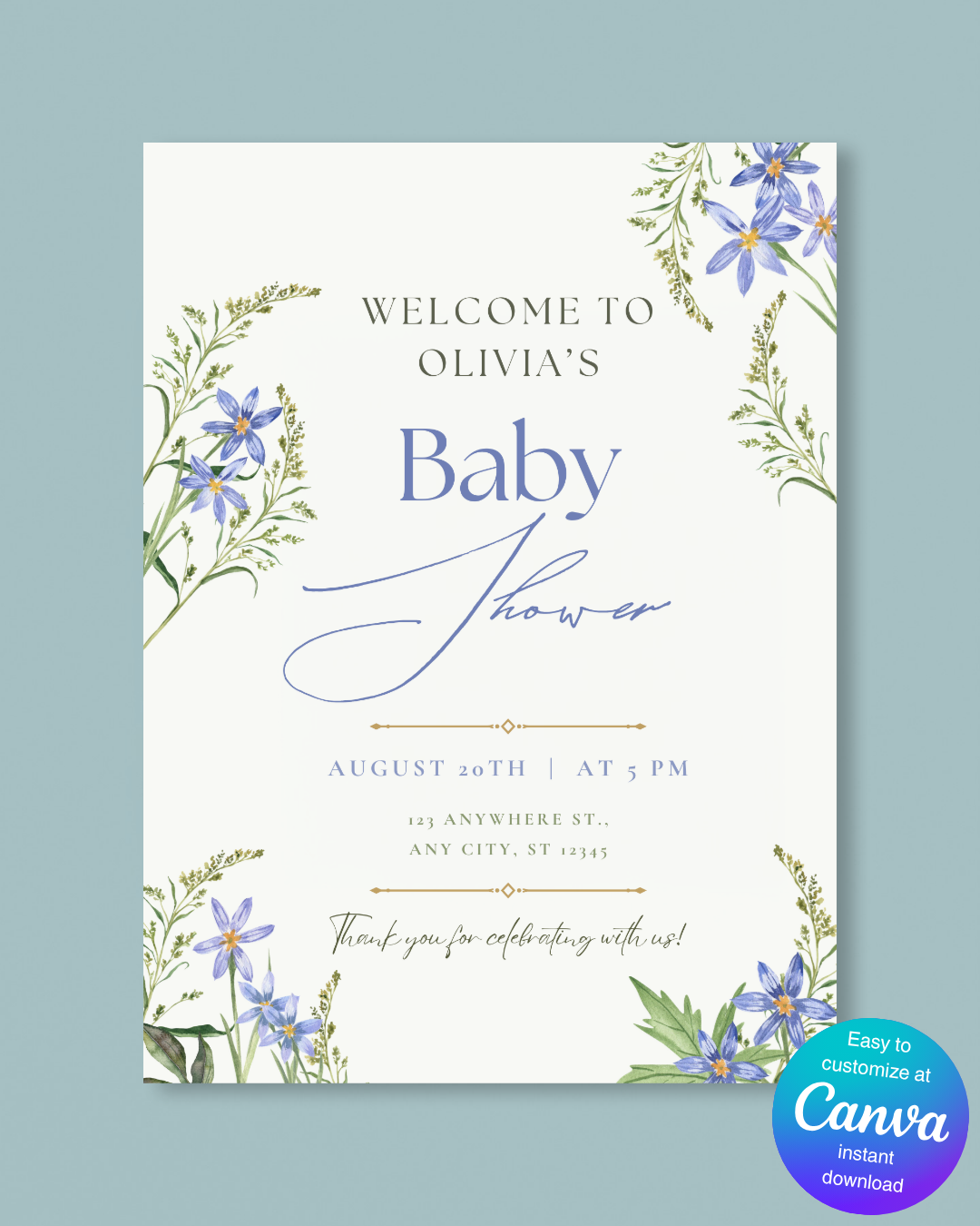 Blue Wildflower Baby Shower Welcome Sign | Editable Canva Template | Digital Download