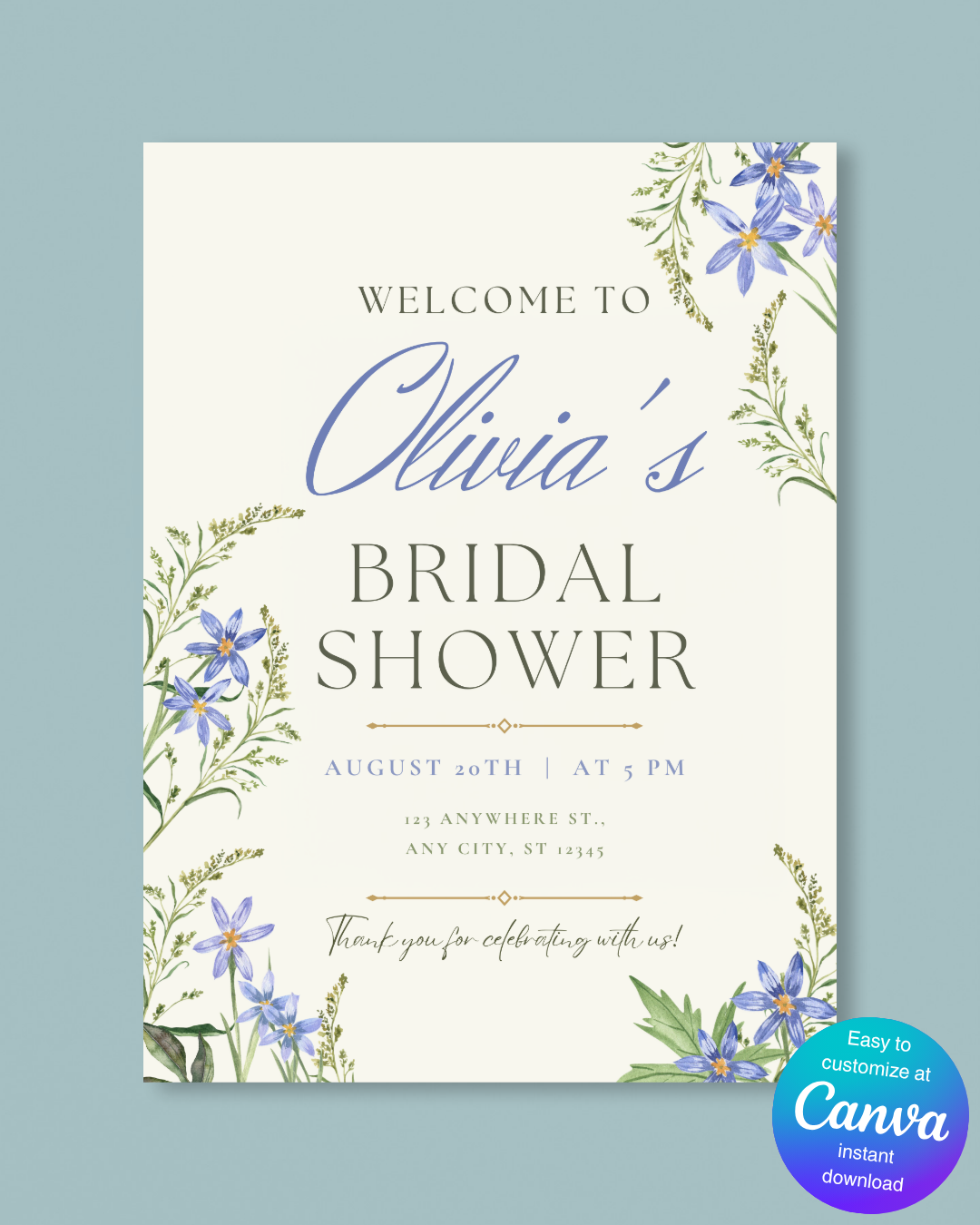 Blue Wildflower Bridal Shower Welcome Sign | Editable Canva Template | Digital Download