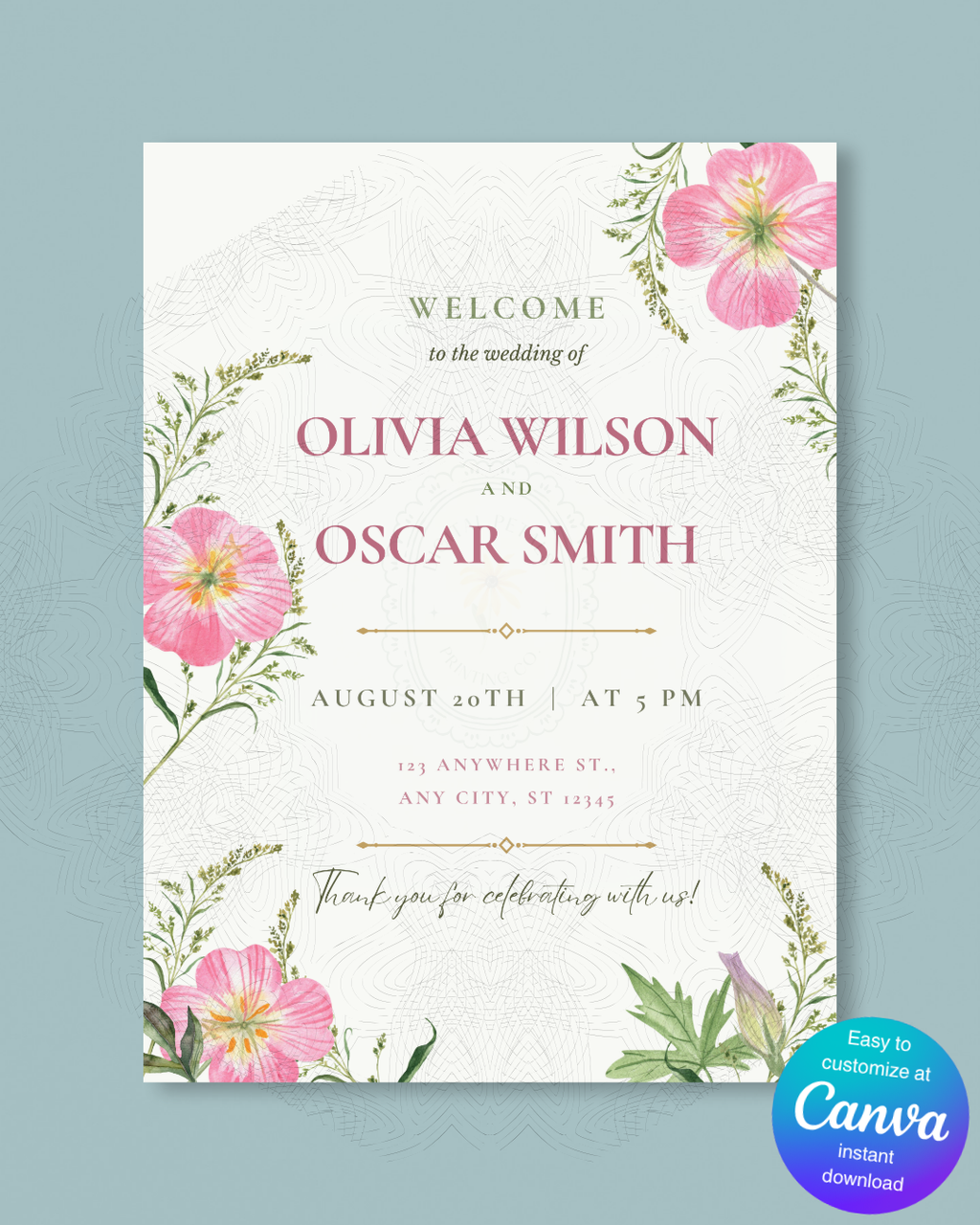 Pink Wildflower Wedding Welcome Sign | Editable Canva Template | Digital Download