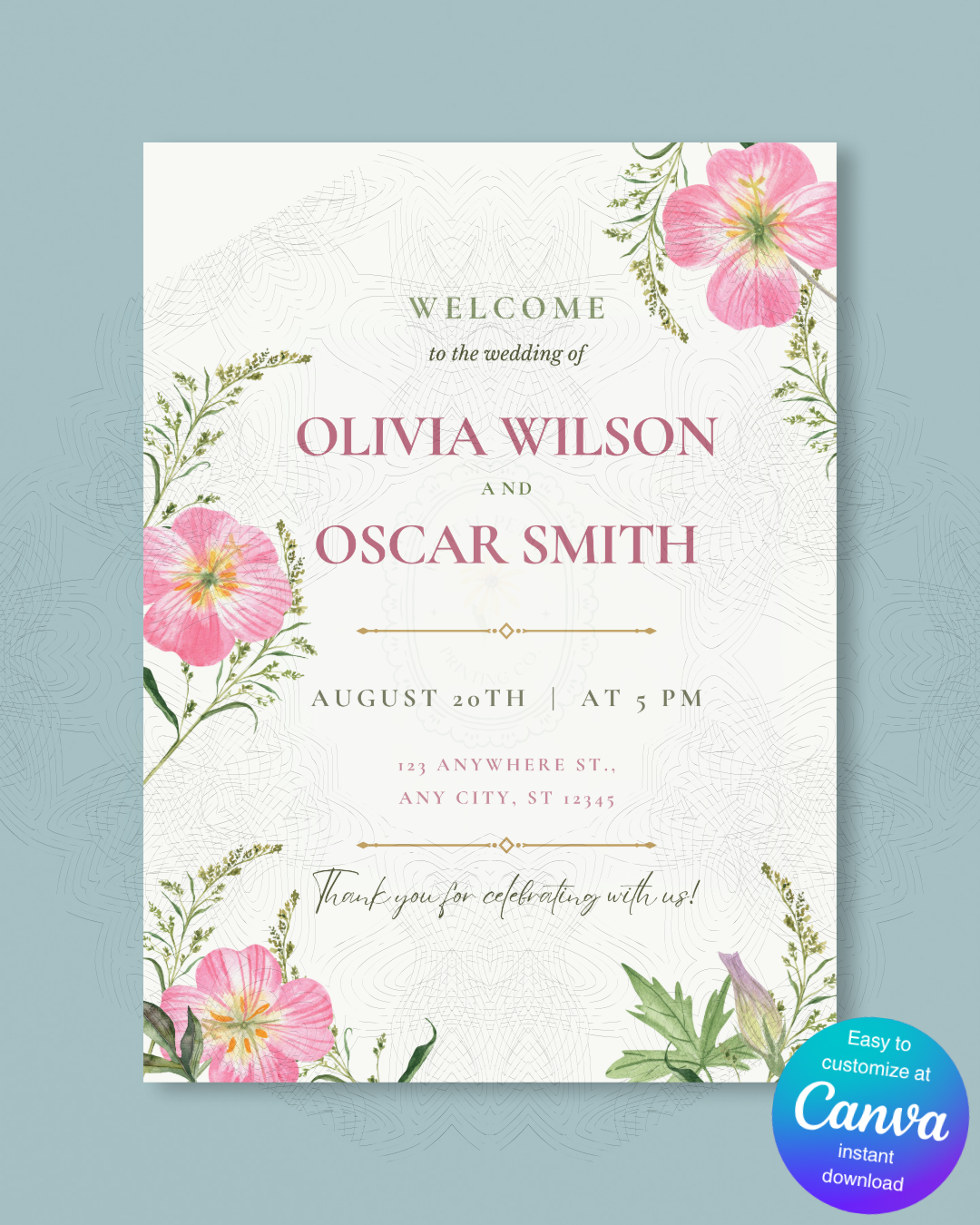 Pink Wildflower Wedding Welcome Sign | Editable Canva Template | Digital Download