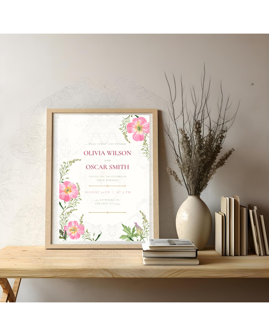 Pink Primrose Wildflower Wedding Invitation | Minimalist Printable Invite | Digital Download