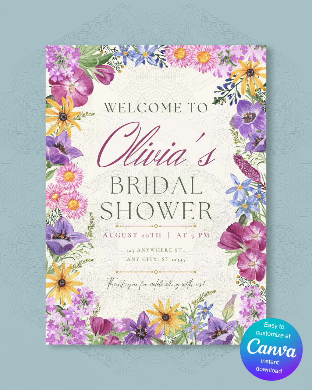 Wildflower Border Bridal Shower Welcome Sign | Editable Canva Template | Digital Download