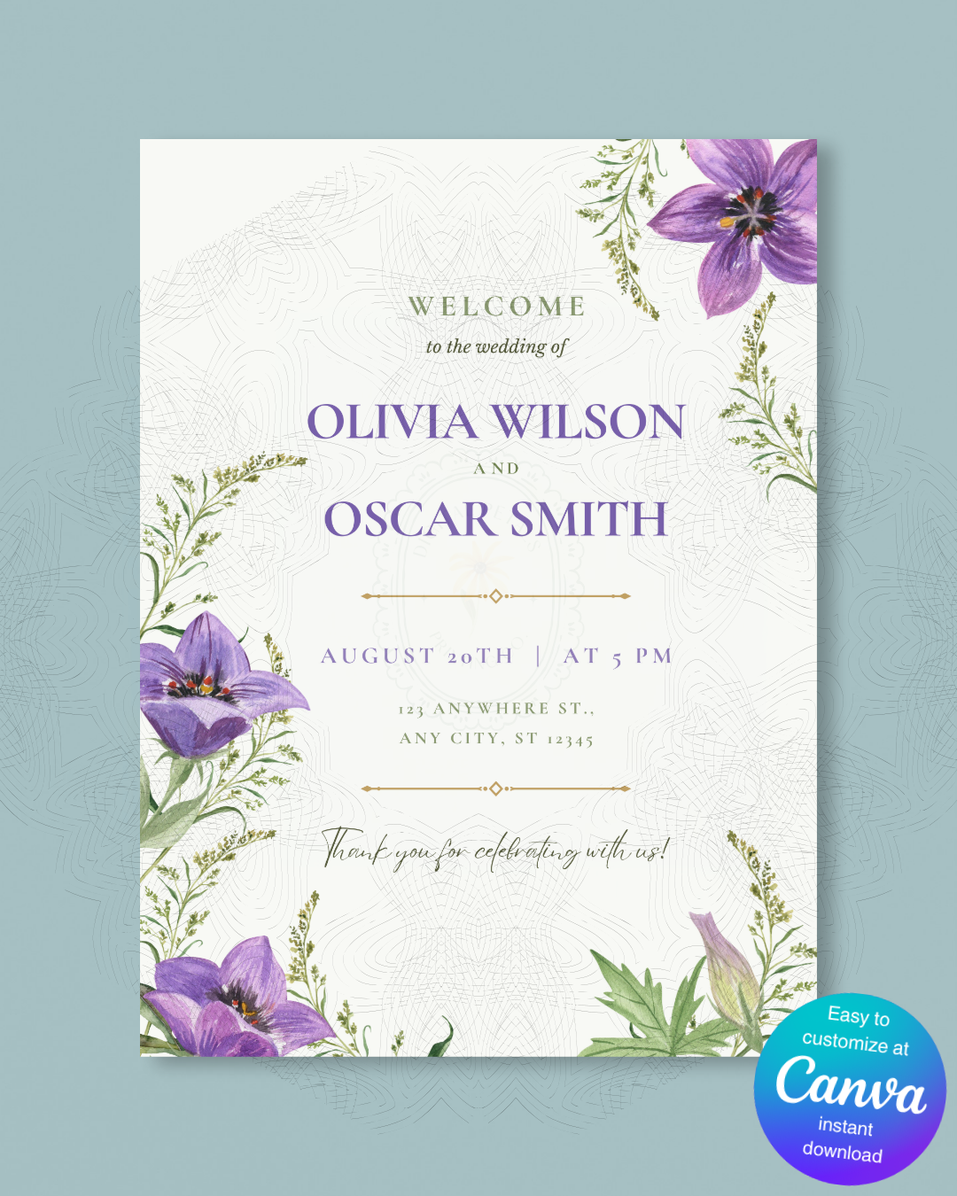 Violet Wildflower Wedding Welcome Sign | Editable Canva Template | Digital Download