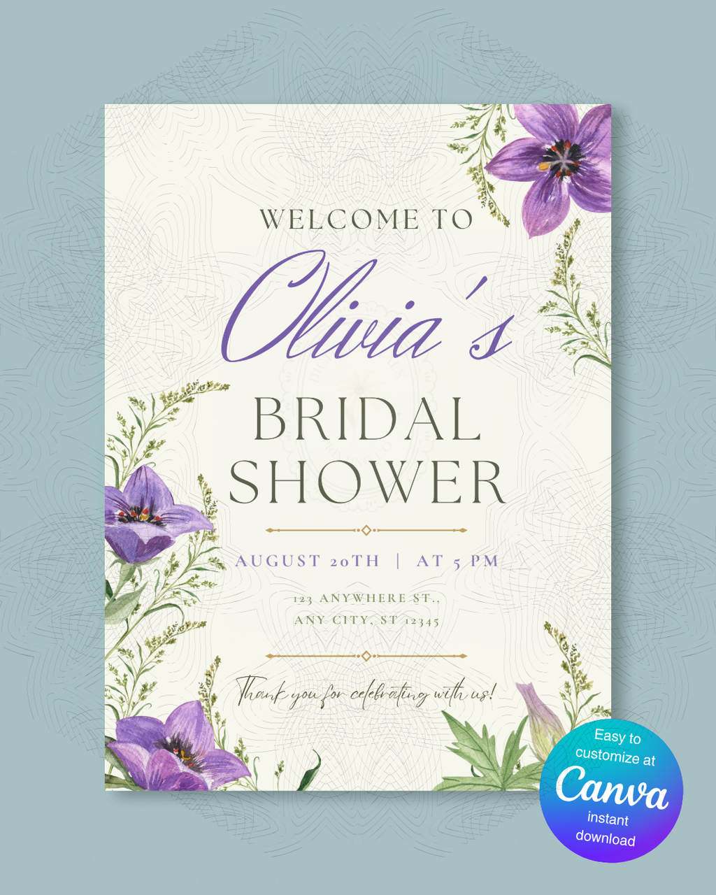 Violet Wildflower Bridal Shower Welcome Sign | Editable Canva Template | Digital Download