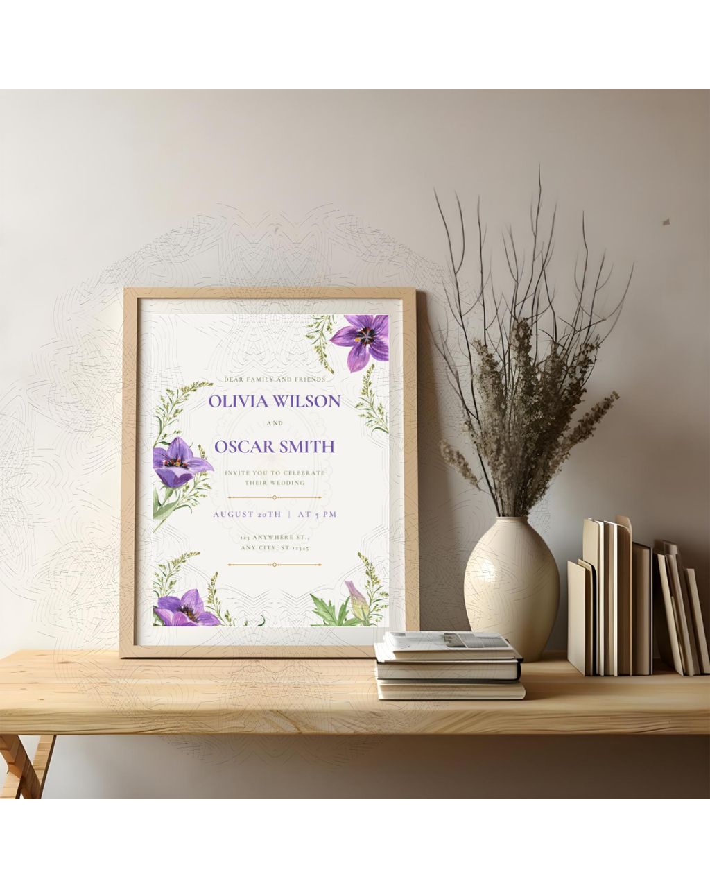 Violet Wildflower Wedding Invitation | Minimalist Printable Invite | Digital Download