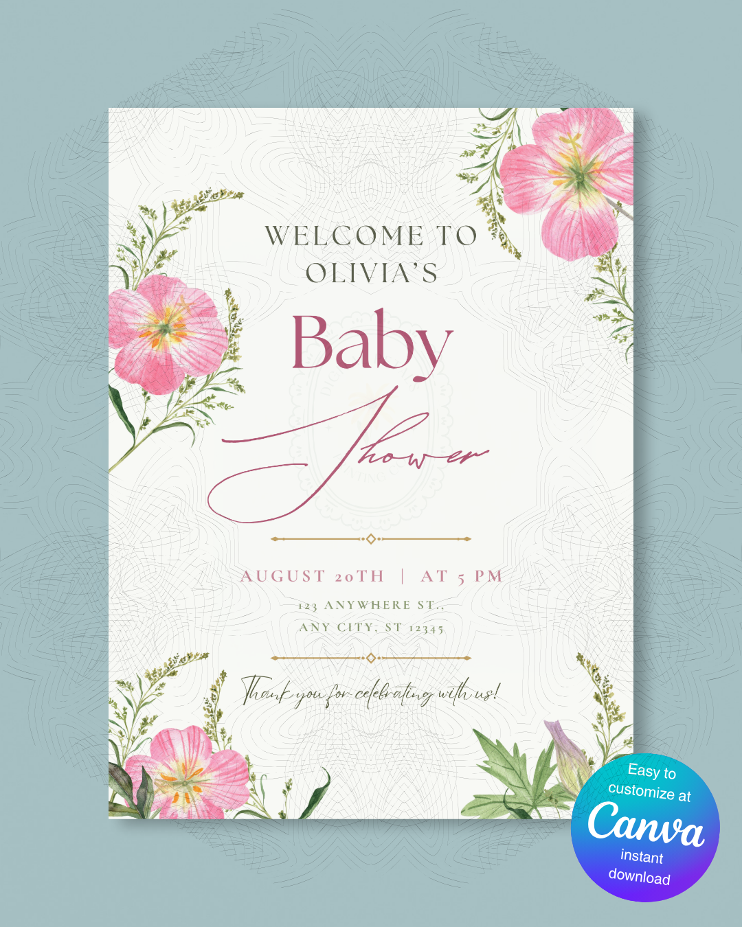 Pink Wildflower Baby Shower Welcome Sign | Editable Canva Template | Digital Download