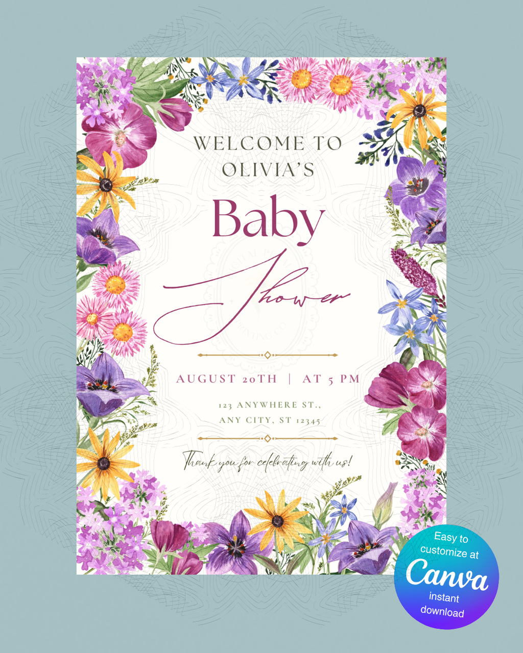 Wildflower Border Baby Shower Welcome Sign | Editable Canva Template | Digital Download