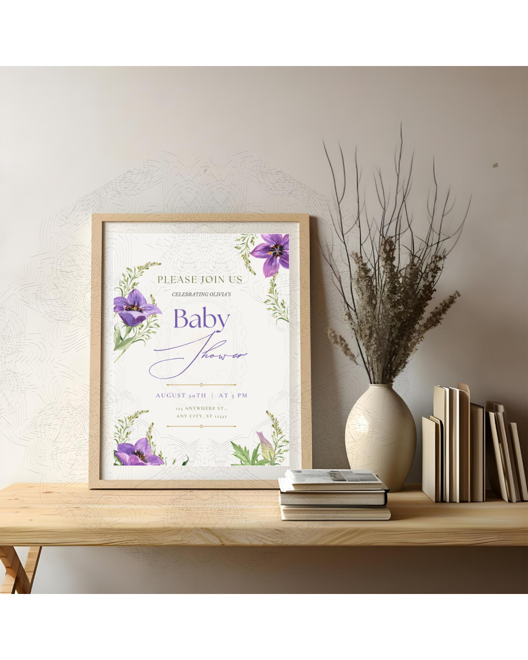 Violet Wildflower Baby Shower Invitation | Minimalist Printable Invite | Digital Download