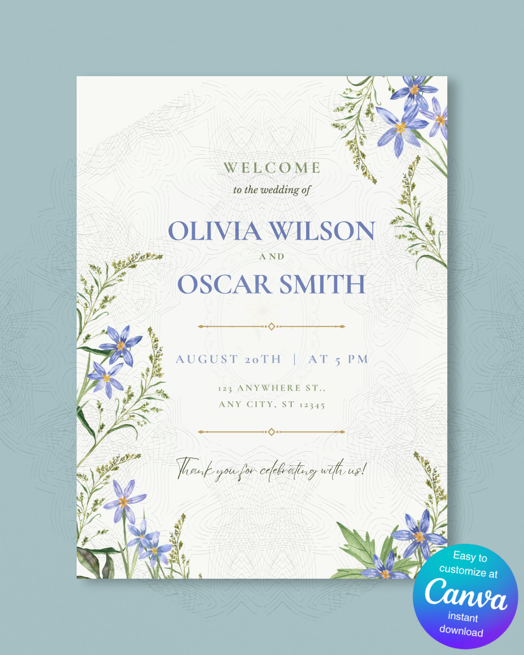 Blue Wildflower Wedding Welcome Sign | Editable Canva Template | Digital Download
