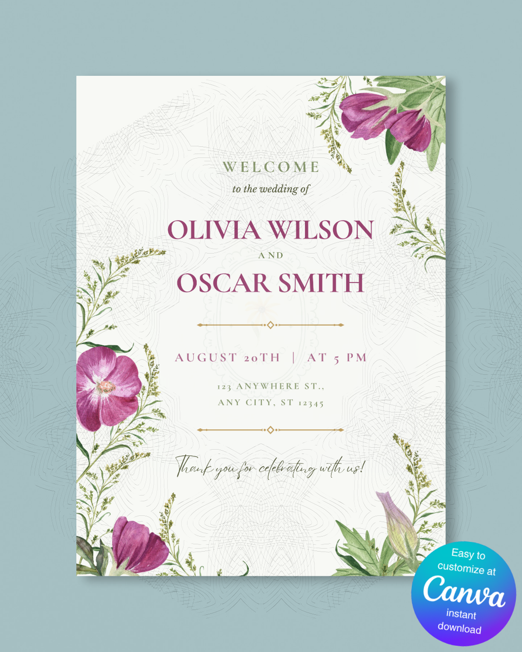 Purple Wildflower Wedding Welcome Sign | Editable Canva Template | Digital Download