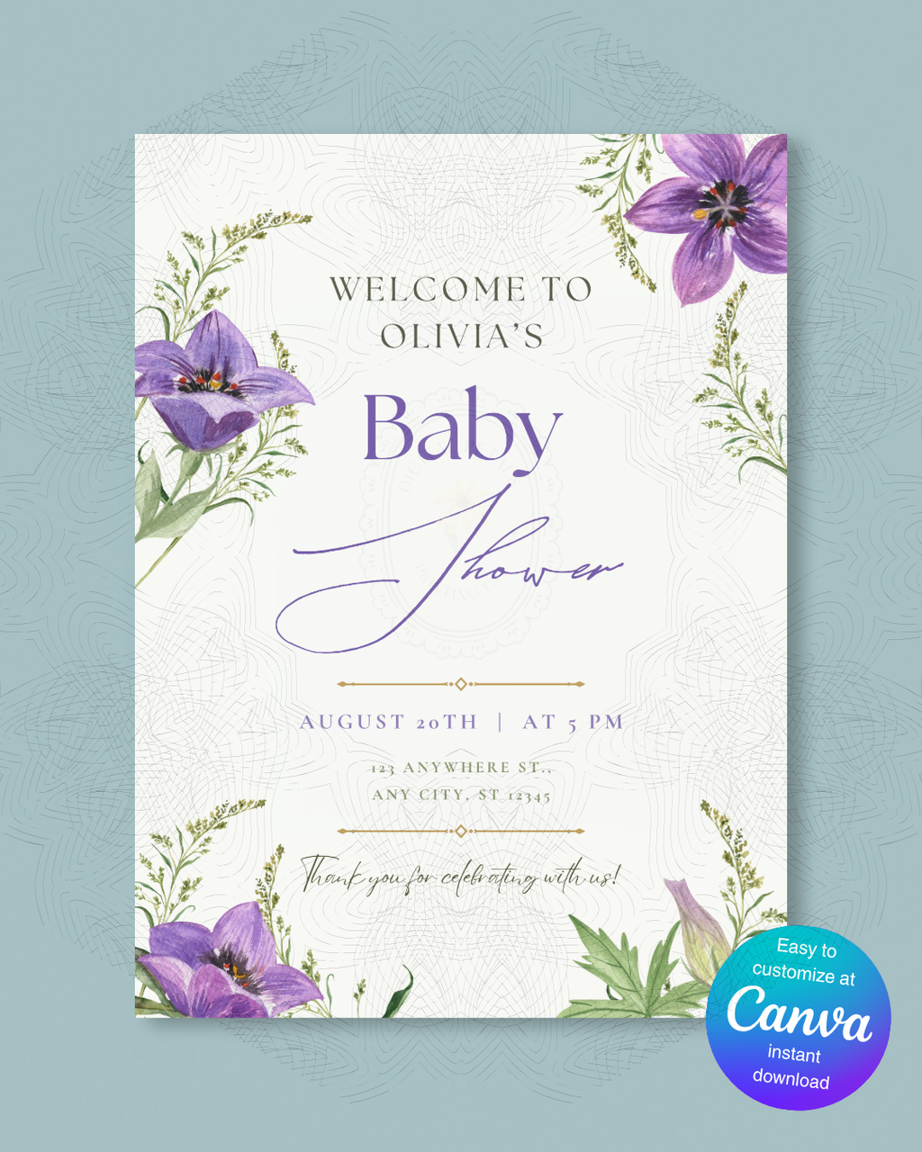 Violet Wildflower Baby Shower Welcome Sign | Editable Canva Template | Digital Download