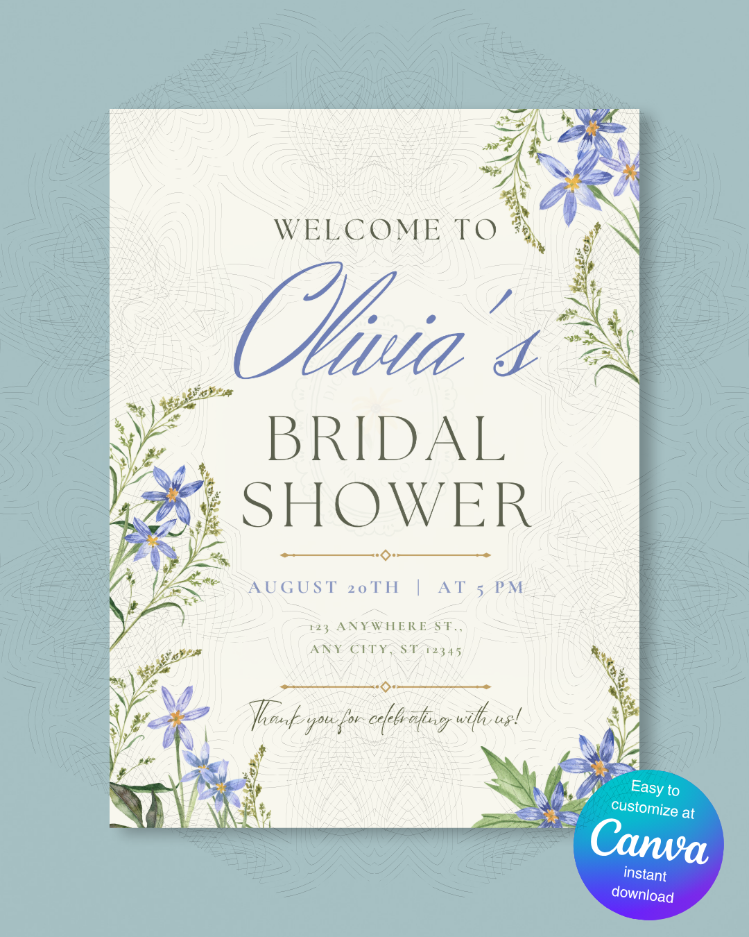 Blue Wildflower Bridal Shower Welcome Sign | Editable Canva Template | Digital Download