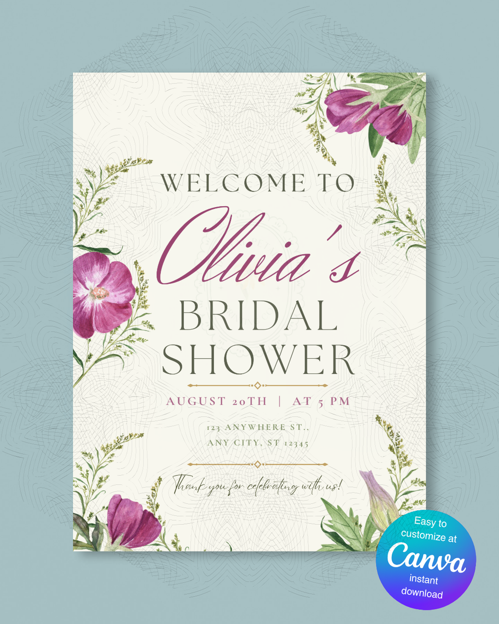 Purple Wildflower Bridal Shower Welcome Sign | Editable Canva Template | Digital Download